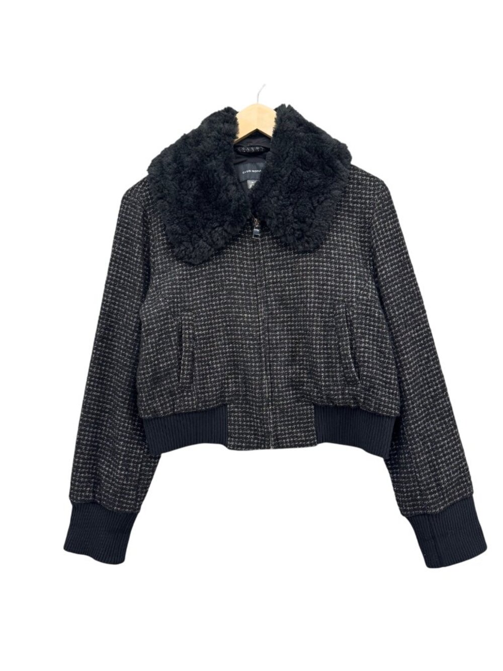 Club Monaco Mixed Media Crop Jacket Womens Black White Faux Fur Collar Size M